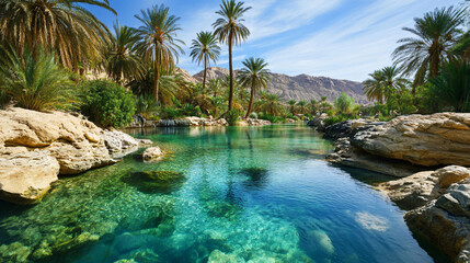 A beautiful desert oasis with palm trees and crystal-clear water.