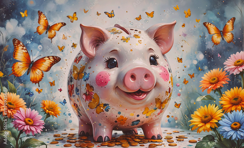 Poster Pig with butterflies on it. The pig is smiling and has a lot of butterflies on it
