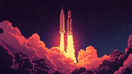 Obraz premium Two rockets launching into space, piercing through vibrant clouds at night, ignited with bright fiery thrusters.