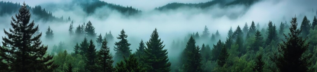 Fototapeta premium A breathtaking panoramic view of a pine forest nestled in the mountains.