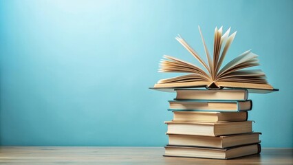 Side view of stack of books with open book on top against light blue background, education, learning, reading