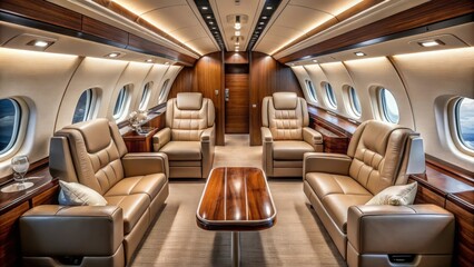 Luxurious private plane interior with leather seats, elegant wood paneling, and modern amenities, private plane