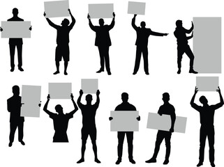 Set of men holding sign in various pose silhouette illustration