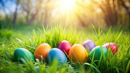Colorful Easter eggs hidden in lush green grass field, Easter, eggs, grass, field, hidden, colorful, festive, spring