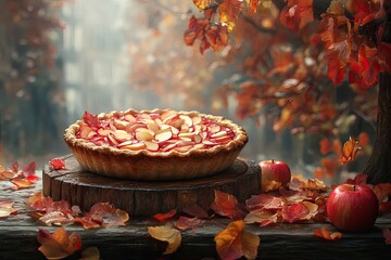 Autumn apple pie on rustic wooden stand, surrounded by fall leaves and apples.