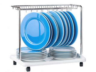 Clean Tiered Dish Rack Stack with Blue Plates and Bowls on White Background, Organized Kitchen Essentials