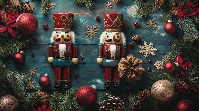 Painted wooden nutcrackers featured on a festive background with holiday decorations