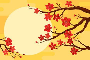 Branch with red sakura flowers on a yellow background, copyspace for your text. Postcard or banner template for Lunar New Year, Chinese New Year, Tet. Spring apricot, cherry or apple flowers.