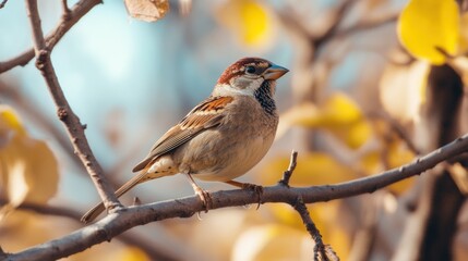 Fototapeta premium A Small Sparrow Perched on a Branch