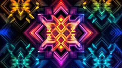 Vibrant geometric pattern with neon colors and symmetrical design.
