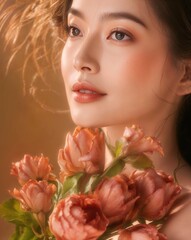 Naklejka premium Soft feminine photography- beautiful woman face- flower