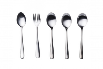 Minimalist Silver Spoon Set Arrangement for Dining Tables, Polished Utensil Collection in Black Background, Nine Spoons in Harmonious Alignment, Tableware Decorative Piece, Cooking Utensil Display