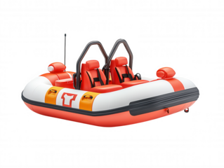 Small Red Inflatable Boat with Safety Measures for Kids on Calm Waters