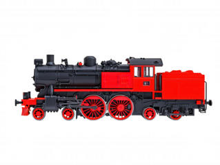 Vibrant Red and Black Classic Model Train #13 Locomotive Carriage Set Against Dark Background