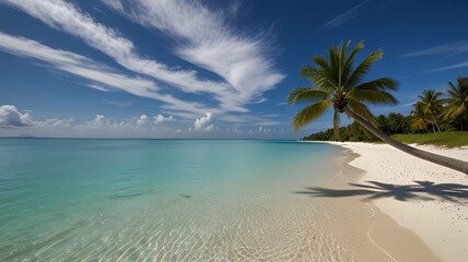 Fototapeta premium Beautiful beach with turquoise water, white sand, a palm tree, and a partly cloudy sky