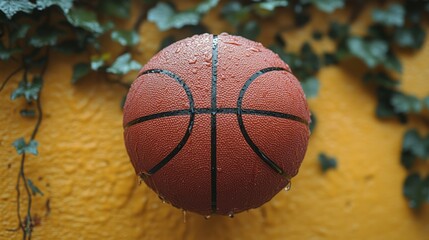 Wet basketball resting against a yellow wall covered in ivy.