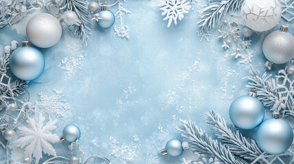 Blue and silver Christmas decorations on frosty background