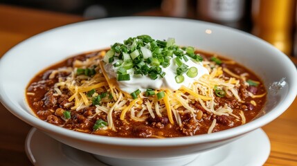 Bowl of spicy chili topped with shredded cheese, sour cream, and green onions