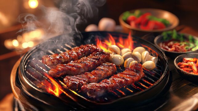 Sizzling Korean BBQ Galbi Grill Meat Smoke Mushrooms Kimchi