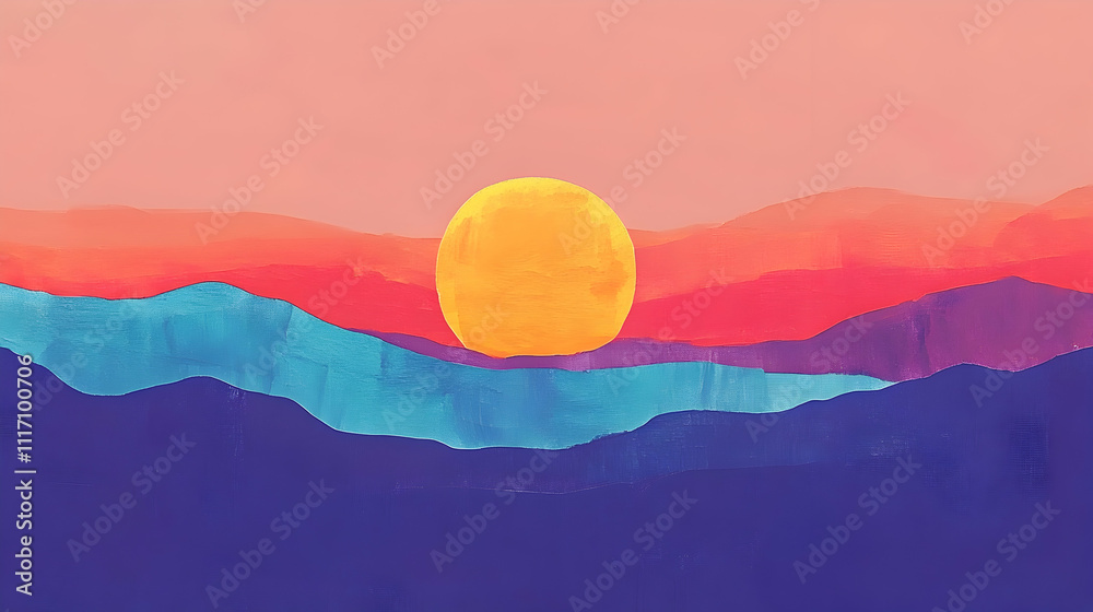 Wall mural Vibrant sunset over stylized mountains and water.