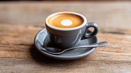 Fototapeta premium A close-up of a latte in a gray cup on a wooden table.