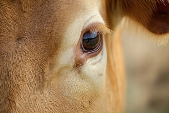 Close-up of a cow's eye, brown and beige fur.