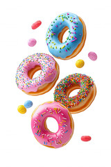 Vibrant Donut Display with Colorful Treats & Icy Sweetness