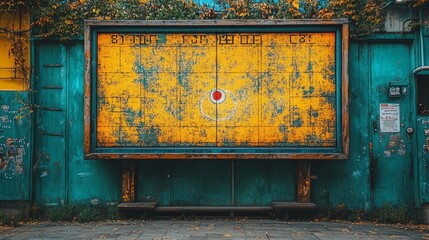 Vintage yellow and orange scoreboard on weathered teal wall.
