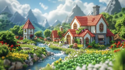 Idyllic village nestled in mountains, stream flows through vibrant flowers.