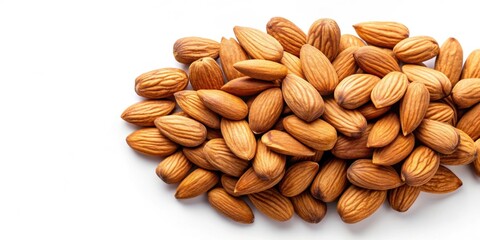 Obraz premium Isolated almonds on a white background, almond, nuts, isolated, white background, healthy snack, vegetarian, vegan, raw
