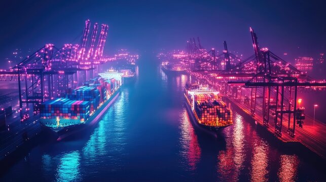 Nighttime harbor; cargo ships, illuminated cranes.