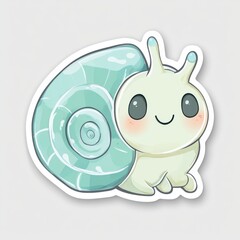 Cute cartoon snail sticker with light teal shell and pastel cream body, large eyes, and a cheerful expression.