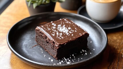 A decadent chocolate brownie topped with glossy frosting and a sprinkle of sea salt.