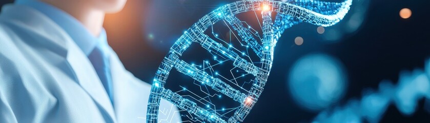 Obraz premium creativity startup expansion concept. A scientist holds a glowing DNA strand, symbolizing genetic research and innovation.