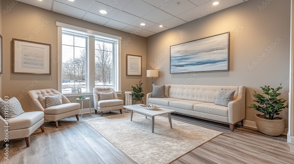 Poster A welcoming waiting area features soft-toned furniture and large windows allowing ample natural light. The peaceful atmosphere is ideal for relaxation while waiting.