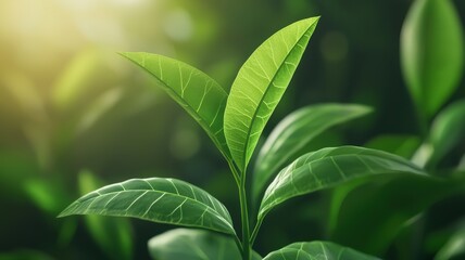Fototapeta premium creativity startup expansion concept. Fresh green leaves glistening in soft sunlight, evoking a sense of nature and tranquility.