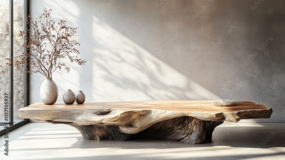 Poster A stunning rustic wooden table showcases its unique trunk shape, adorned with simple vases and dried flowers. Sunlight streams in, casting beautiful shadows on the walls, creating a serene atmosphere
