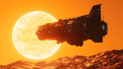 A dark spaceship floats above a fiery planet's surface, a large sun behind.