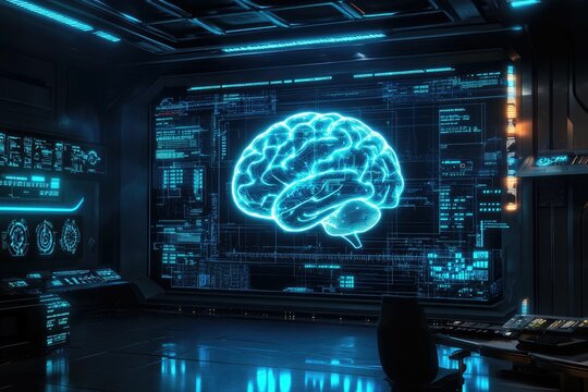 Futuristic control room; glowing brain schematic.