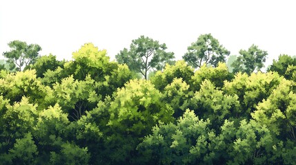 a 2D cartoon illustration of a dense forest with tall trees, green and lush, white background--ar 16:9