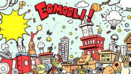 Highly detailed background whimsical cartoon-style comic book background with playful elements