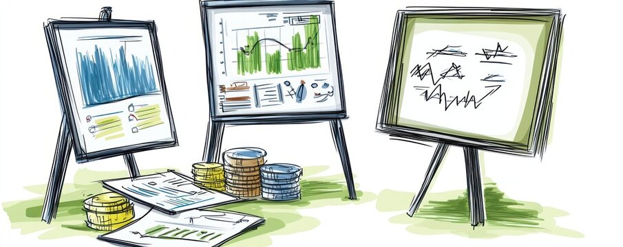 A collection of charts and graphs on easels, illustrating data analysis and financial trends.
