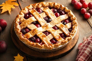 Delicious homemade cherry pie on rustic wooden table with autumn leaves.
