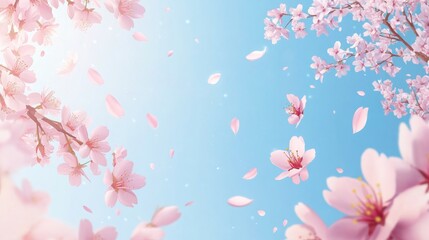 Blooming cherry blossoms on a clear blue sky, soft pink petals and branches extending from the left, vibrant spring atmosphere, gentle sunlight creating shadows, copy space on the right