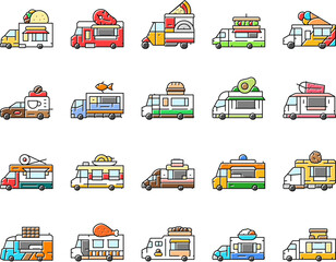 food truck street mobile cuisine icons set vector. gourmet vendor, festival tacos, burgers fusion, bbq pizza, vegan, fries, dessert food truck street mobile cuisine color line illustrations