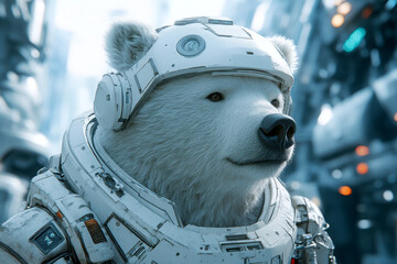 Astronaut polar bear showcases adventure beyond Earth.