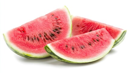 Fresh watermelon slices with seeds, arranged on a white background to showcase their color and freshness.