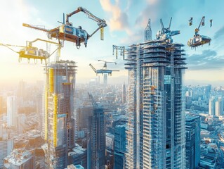 Fototapeta premium Futuristic cityscape, skyscrapers under construction, flying vehicles.