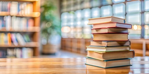 Stack of books on a table in an educational setting, education, learning, school, studying, knowledge, textbooks