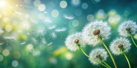 Abstract blurred nature background with dandelion seeds parachuting down. Bokeh pattern in nature, dandelion, seeds